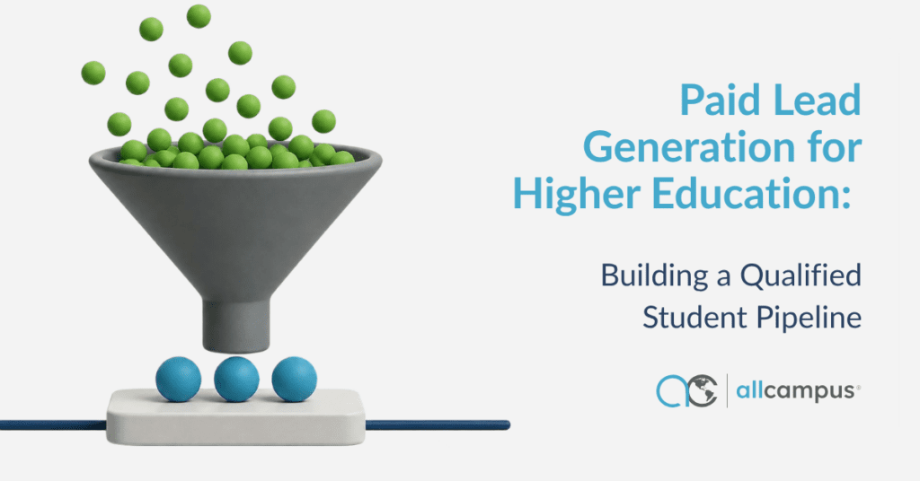 Small, green balls falling into a grey funnel with three light blue, larger balls coming out. Companion text Paid Lead Generation for HIgher Education: Building a Qualified Student Pipeline.