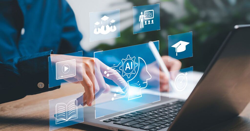 A person interacts with a laptop displaying floating AI and education icons, including a graduation cap, open book, video player, and presentation screen, representing the integration of artificial intelligence in online learning.