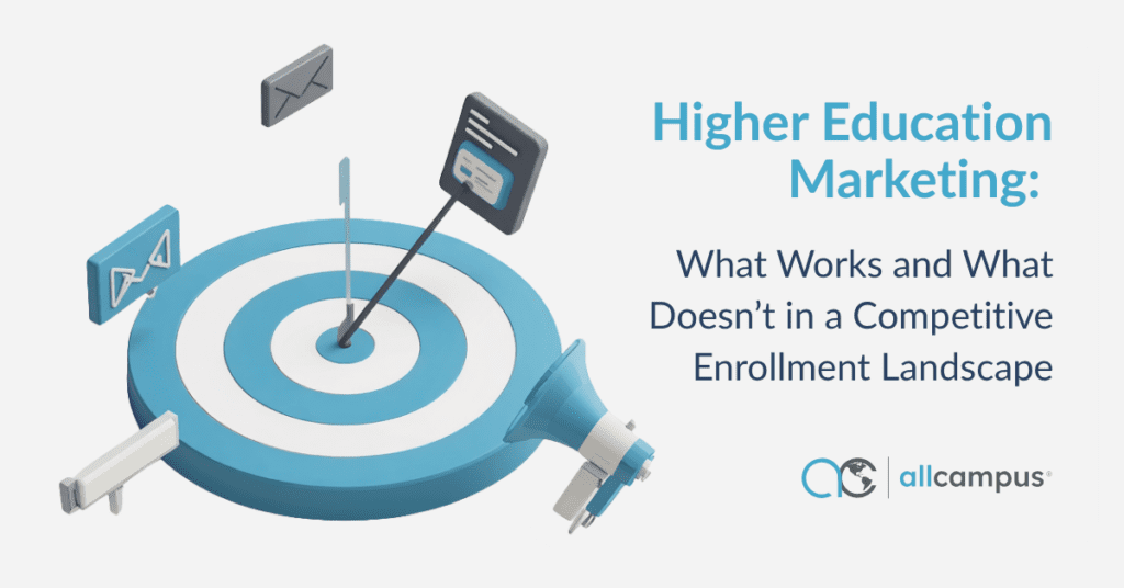 3D bullseye target with digital marketing channel icons — email, content, and megaphone — representing higher education marketing strategy